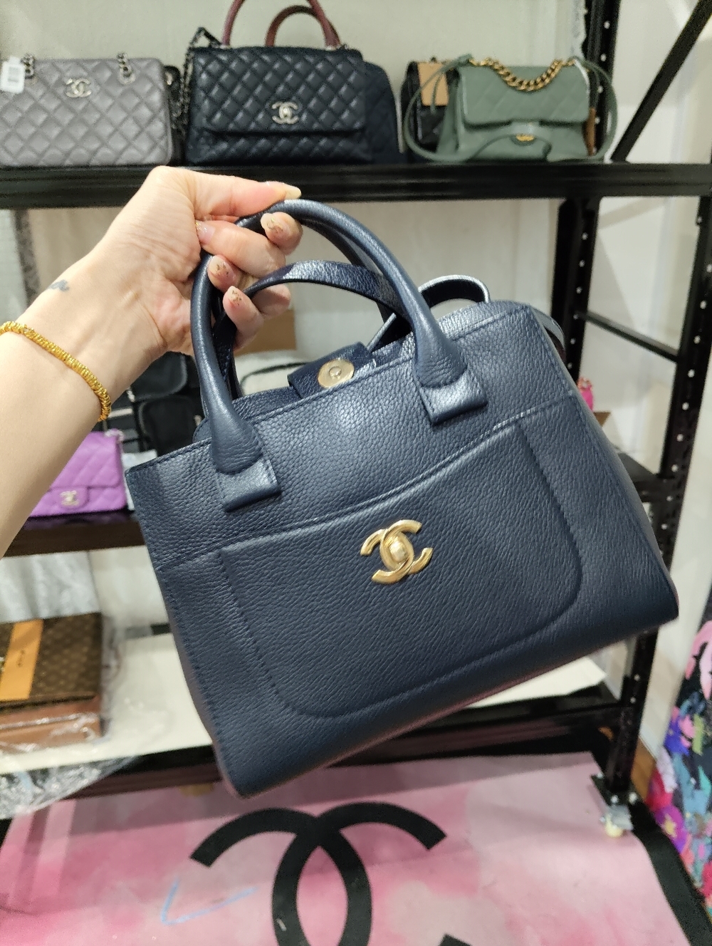 CHANEL Navy Caviar Leather Top-Handle Satchel with Gold CC